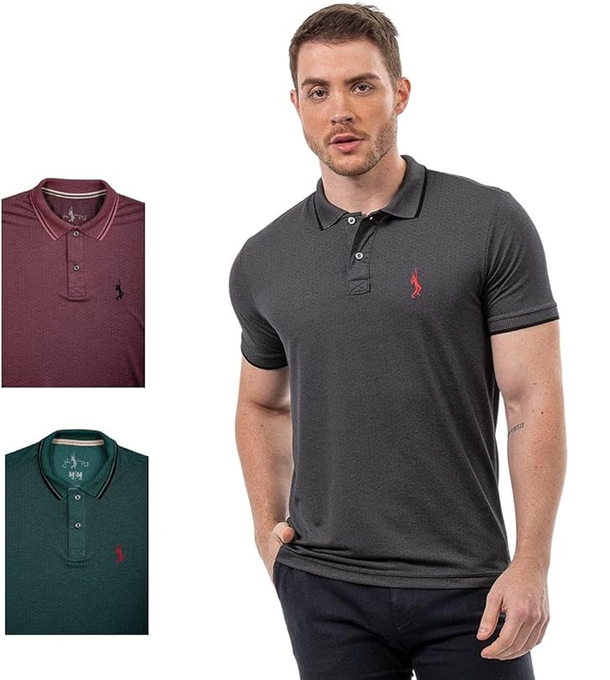 Kit 3 Camisa Polo Básica Piquet Viscose Jacquard Ponto John Pull kit 62