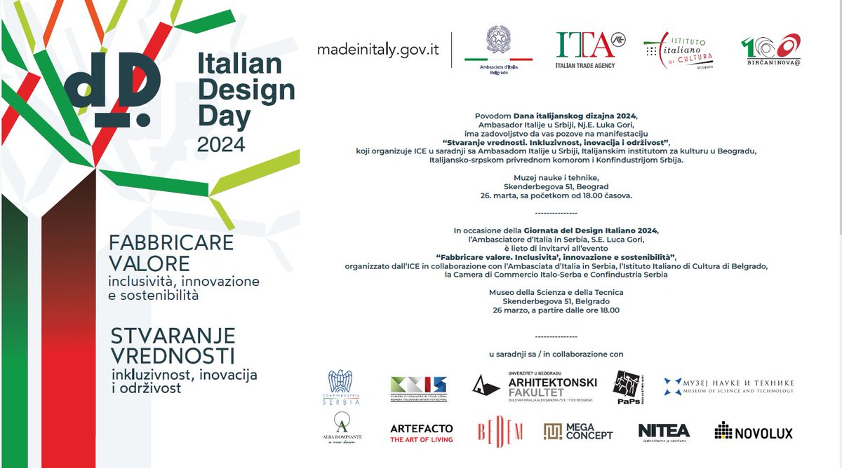 ITABelgrade's tweet photo. Twitter
VIII edizione dell’Italian Design Day #IDD2024 a Belgrado.
Con @ItalyinSerbia @ITABelgrade e @IICBelgrado celebriamo il design 🇮🇹 e la sua capacità di promuovere inclusività, innovazione e sostenibilità.
🗓️26/03/2024
SVEGLIA 18.00
📍 Museo della Scienza e Tecnica https://t.co/OBRt33mhF0