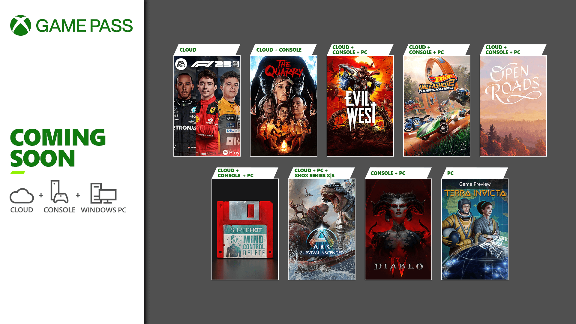 F1 23, The Quarry, Evil West, Hot Wheels Unleashed 2: Turbocharged, Open Roads, SUPERHOT: MIND CONTROL DELETE, Ark: Survivor Ascended, Diablo IV, and Terra Invicta are coming soon to Xbox Game Pass.