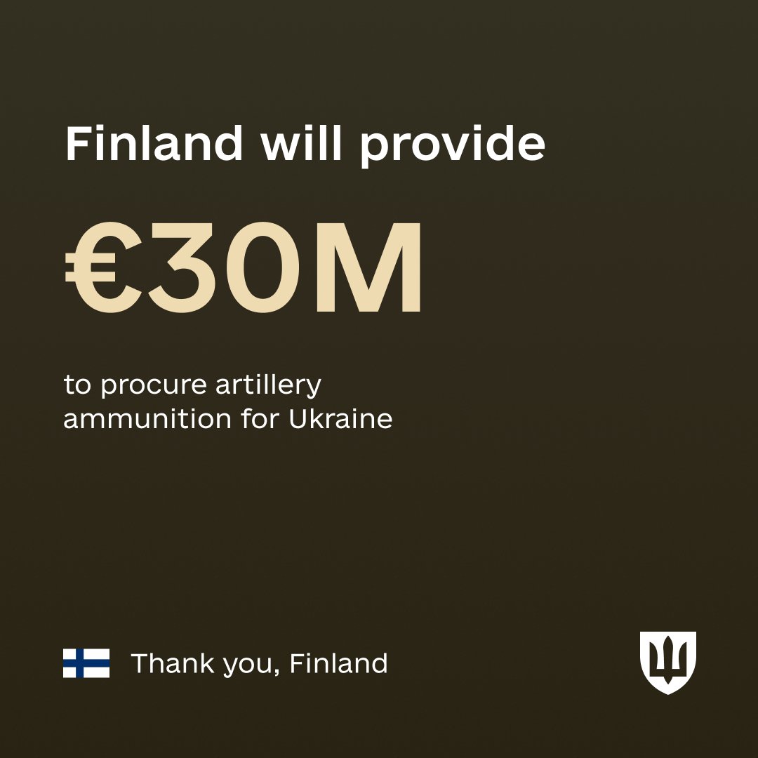 Finland will provide €30 million to procure artillery shells for Ukraine within the Czech initiative.

We are grateful to our Finnish partners for this important decision and unwavering support. Together, we will win!
🇺🇦🤝🇫🇮
<a href="/anttihakkanen/">Antti Häkkänen</a> <a href="/DefenceFinland/">Puolustusministeriö</a>