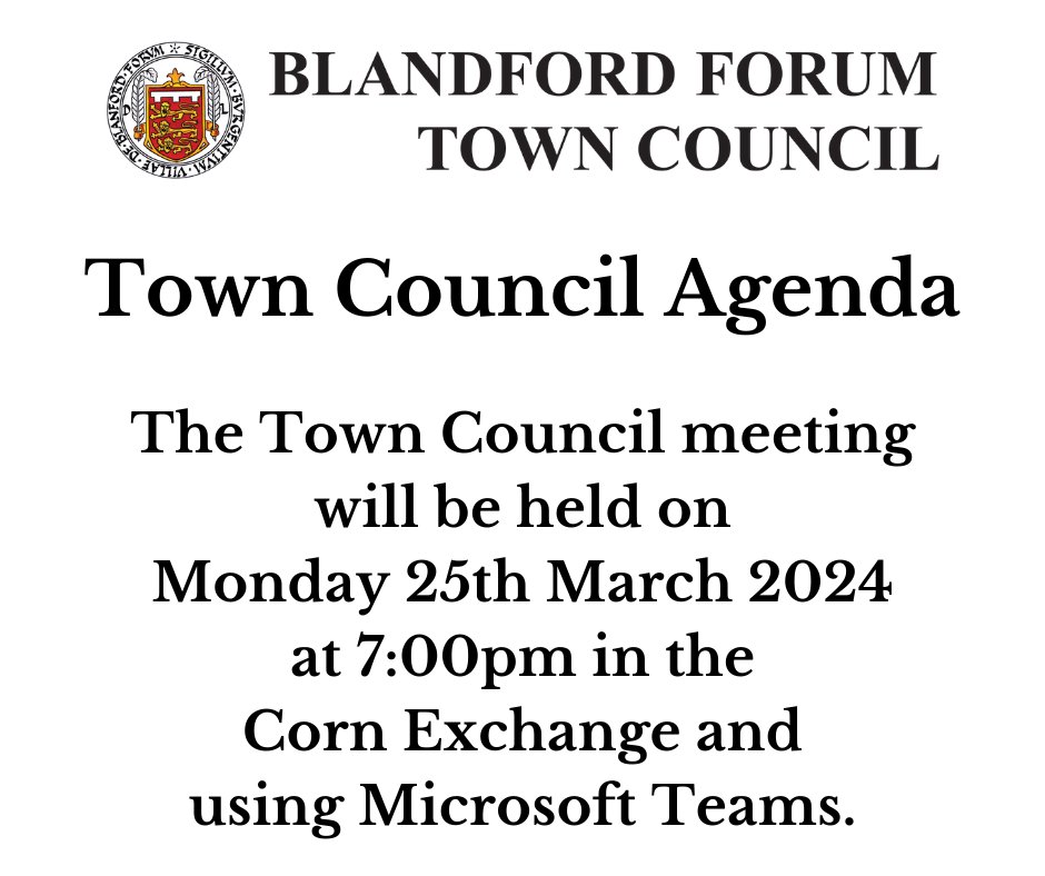 The agenda for the Town Council meeting, scheduled for Monday 25th March 2024, can be accessed via the following link: blandfordforum-tc.gov.uk/wp-content/upl…