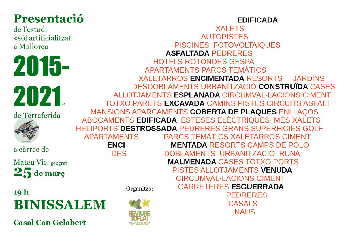 Això ja és dilluns que ve! Xerrada a Binissalem de Mateu Vic sobre el territori artificialitzat de Mallorca: a les 19h a casal can Gelabert #ReviureTofla