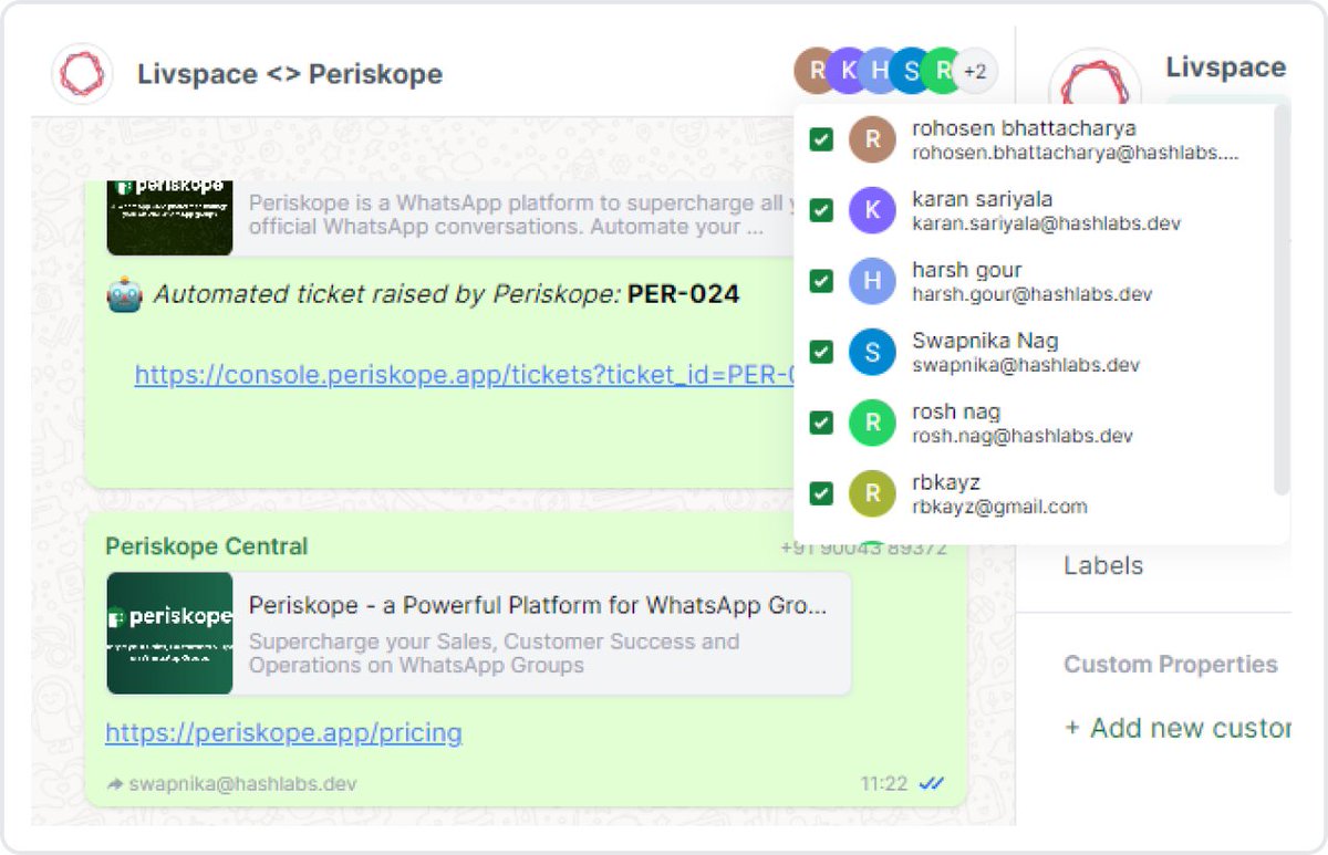 Periskope (@periskope_app) on Twitter photo Thanks to Periskope, I don’t need to add multiple team members to hundreds of WhatsApp groups!
Quite often, companies need several employees to be on top of conversations across customer (or internal) WhatsApp groups / chats. But it’s painful to constantly add or remove them Thanks to Periskope, I don’t need to add multiple team members to hundreds of WhatsApp groups!
Quite often, companies need several employees to be on top of conversations across customer (or internal) WhatsApp groups / chats. But it’s painful to constantly add or remove them