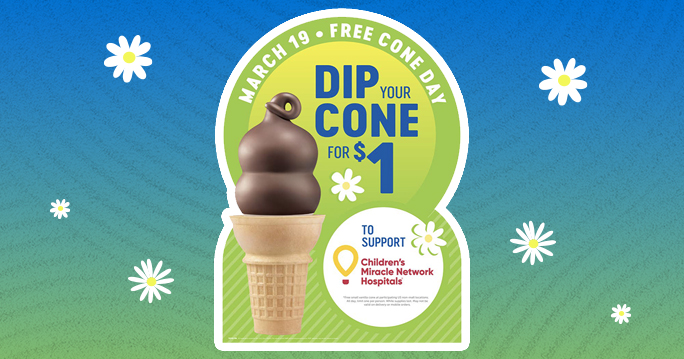 Free Cone Day is here! Stop at a participating @DairyQueen and Dip it for Kids with a $1 donation today so Riley can continue to help children lead healthy, fulfilling lives. #ChangeKidsHealth #BringJoy #FreeConeDay