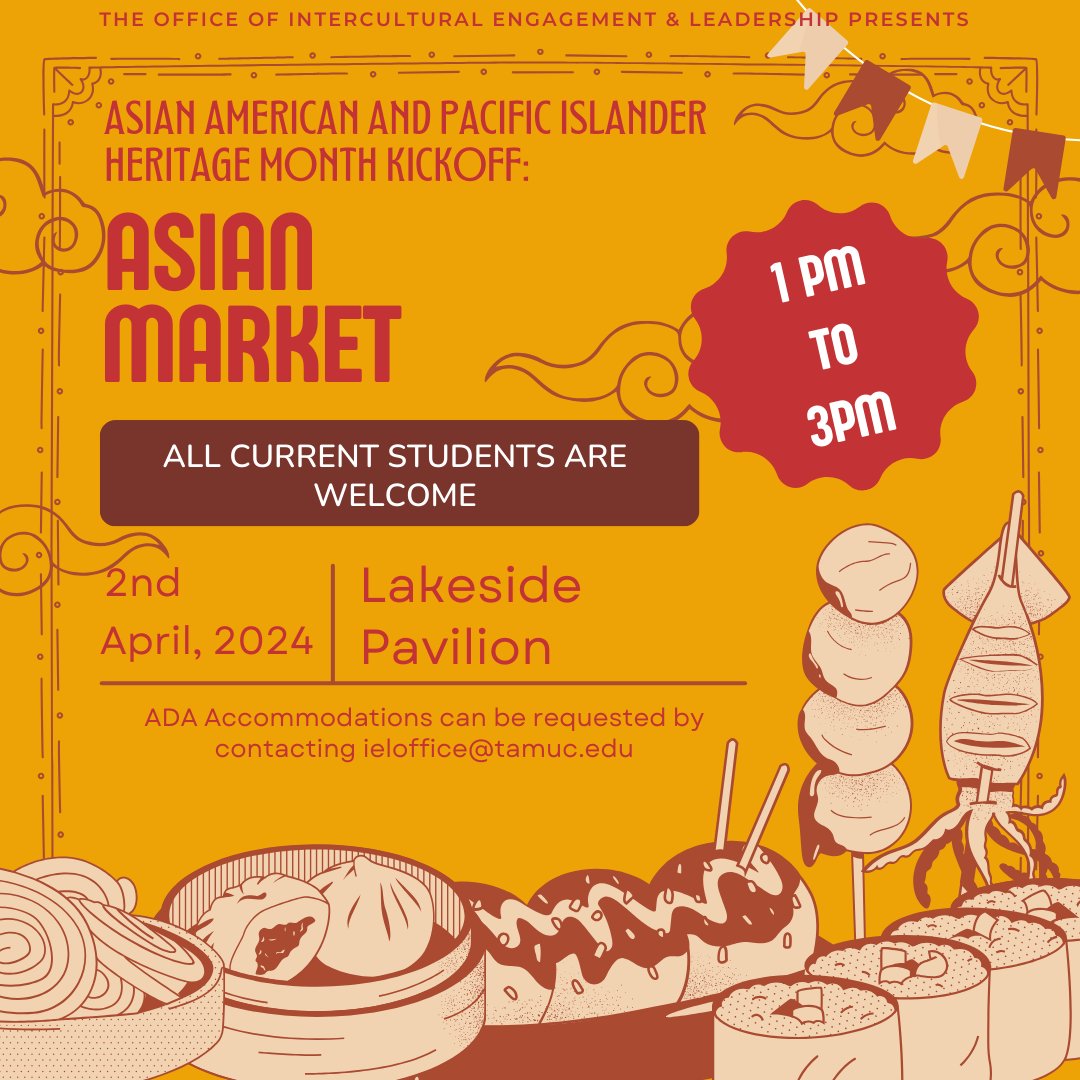 🌺 Celebrate culture, community, and cuisine at the AAPI Heritage Month Kickoff! 🎉 Join us for the Asian Market at the Lakeside Pavilion on April 2nd from 1p to 3pm. All current students are welcome! 🌏🥢 #AAPIHeritageMonth #AsianMarket