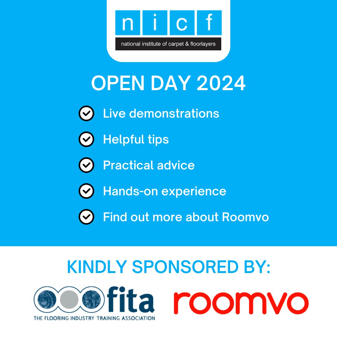 Only one month to go until NICF’s Open Day 2024! Book now for live demos, product showcases and networking on the 19th April 2024 at the FITA Training Centre in Loughborough (LE11 1RA). Book for FREE now: share.hsforms.com/1UKbX1GHLSFGbY… #NICF #Fitter #Flooring #Carpet #Floorlayer