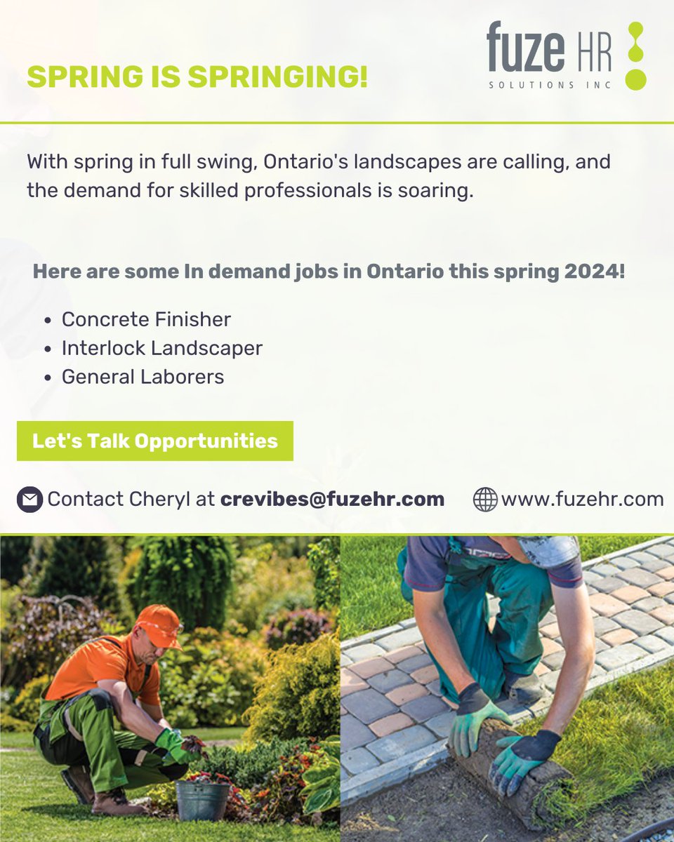 Spring has arrived, and Ontario's landscapes are full of opportunities!
Find out more about the roles. Contact Cheryl at crevibes@fuzehr.com 

 #OntarioJobs #SpringHiring #CareerOpportunities #SpringJobs #OntarioOpportunities #ConcreteFinisher #Landscaper #GeneralLaborer