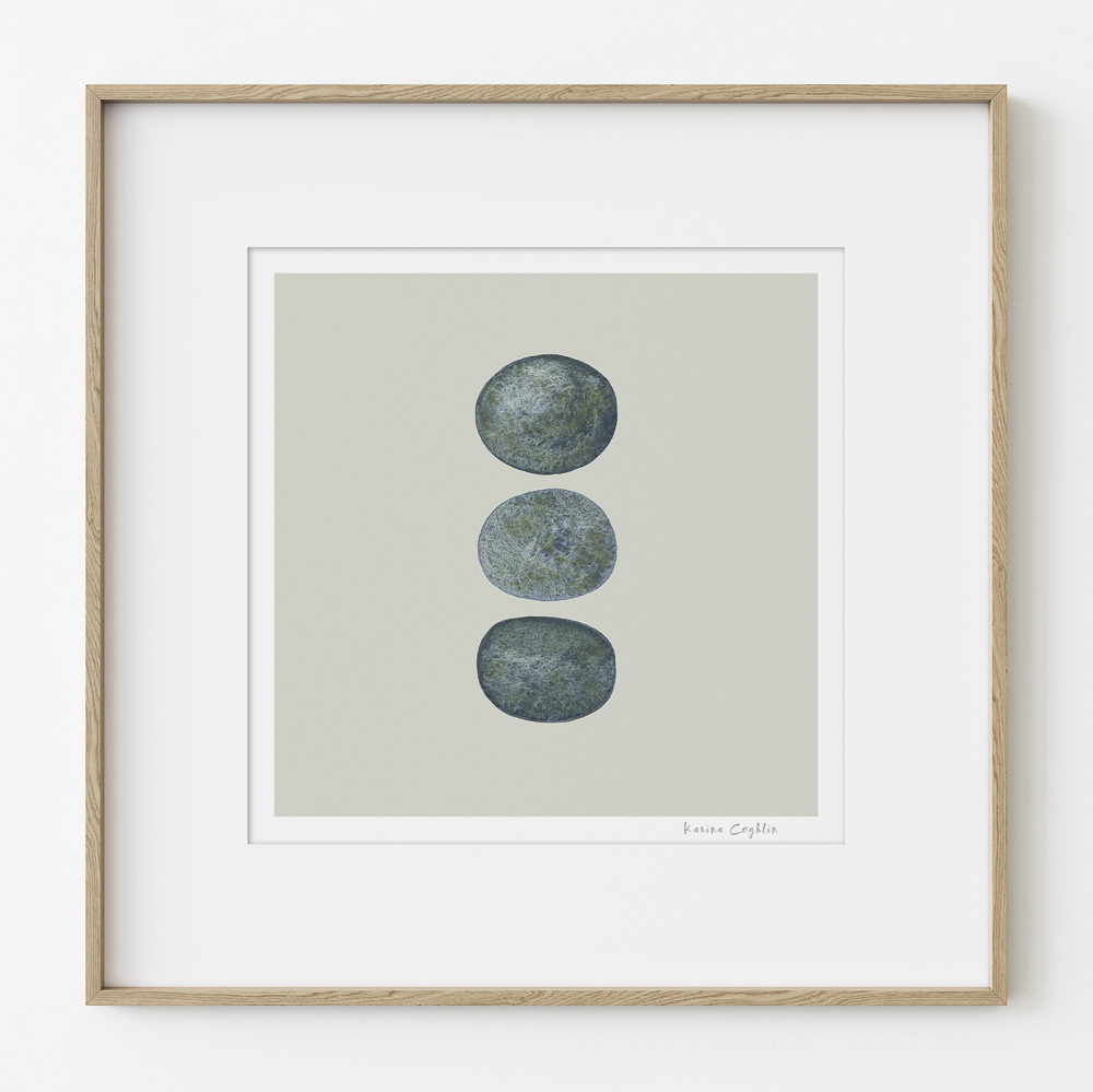 My Three Pebbles print is now available in two sizes: 255 x 255 mm & 380 x 380 mm. Printed on gallery quality fine art paper with archival inks. On my website if you would like to see: karinacoghlin.com/shop-artwork/p… #artprint #pebbles #suffolk #suffolkartist #coastalart #gicleeprint
