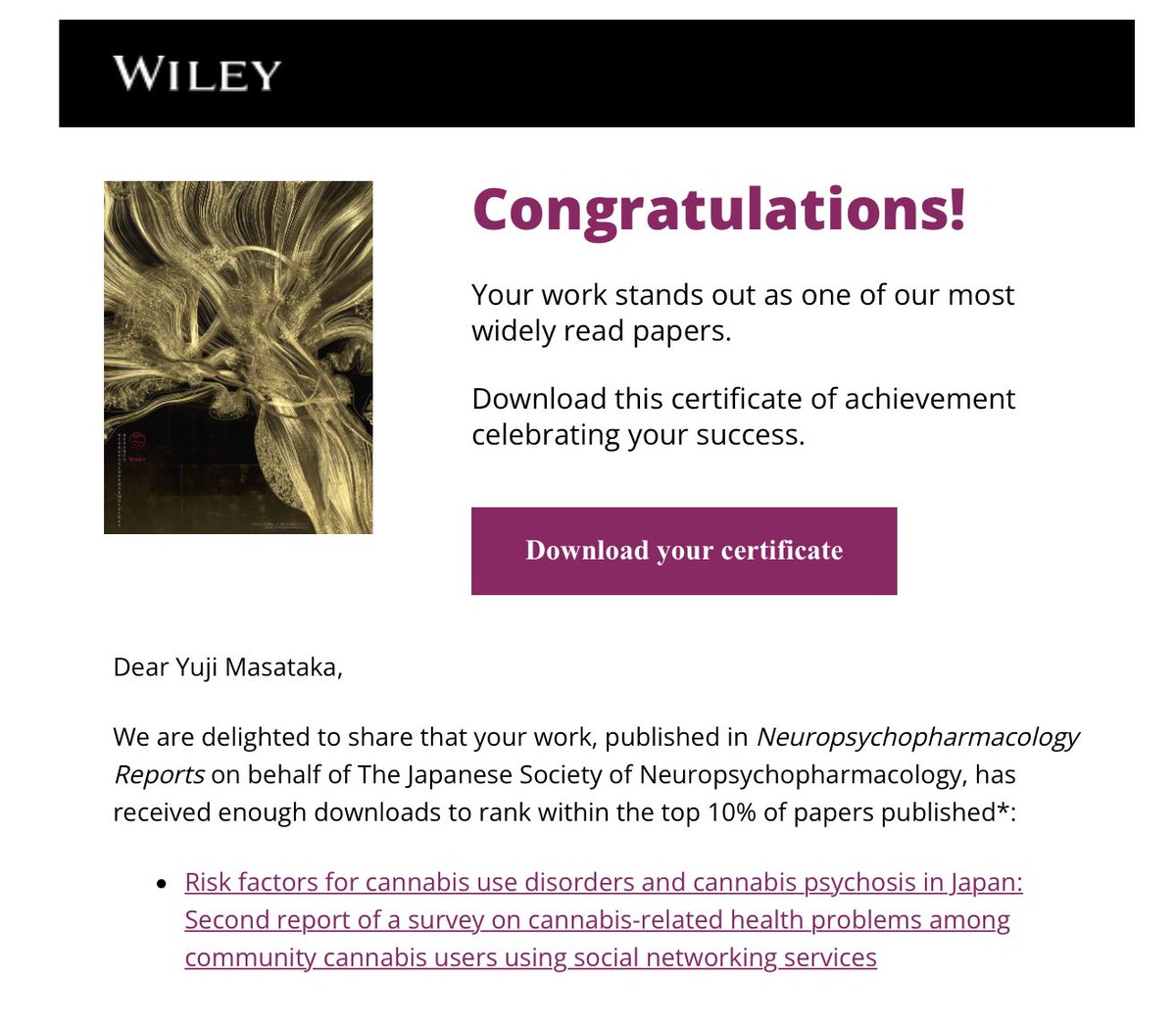 2022年に私が執筆した、日本の大麻使用者に関する調査報告（第二報）が“頻繁にダウンロードされた論文“として認定されました。
回答に協力して下さった皆様、ありがとうございます。

onlinelibrary.wiley.com/doi/full/10.10…
＃TopDownloadedArticle