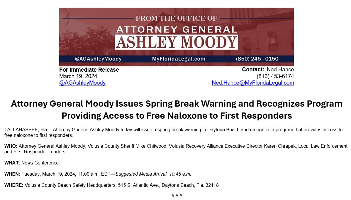 SenAshleyMoody's tweet image. Today, I will be in Daytona Beach with Volusia County @SheriffChitwood, as well as local law enforcement and first responder leaders, to issue a spring break warning.