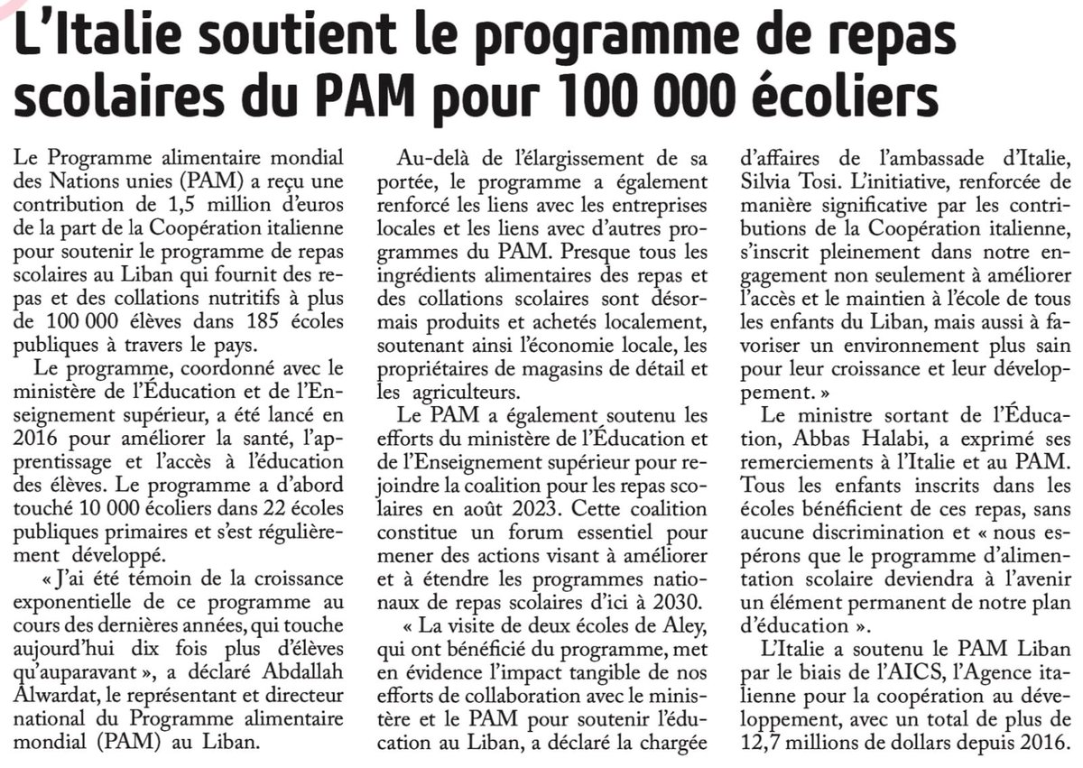 On @LOrientLeJour Italy's contribution to the @WFPLebanon to support school meal programs in Lebanon.