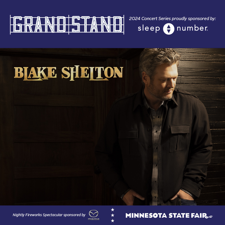 Exciting Grandstand announcement! @blakeshelton will perform at the Minnesota State Fair Grandstand on Sunday, Aug. 25. 🤠🎶 The 2024 Grandstand Concert Series is sponsored by @sleepnumber! Tickets will go on sale Friday, March 22 at 10 a.m. Learn more: mnstatefair.org/grandstand/bla…