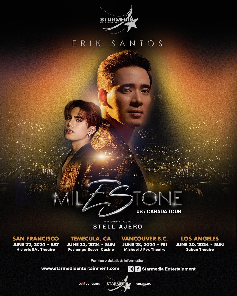 Get ready to witness a monumental event...20 years in the making! USA and CANADA, celebrate 2 decades of ERIK SANTOS in MILESTONE this June 2024! ✨️with very special guest,Stell Ajero! For more info, visit starmediaentertainment.com @realeriksantos @stellajero_ @cornerstone_ofc