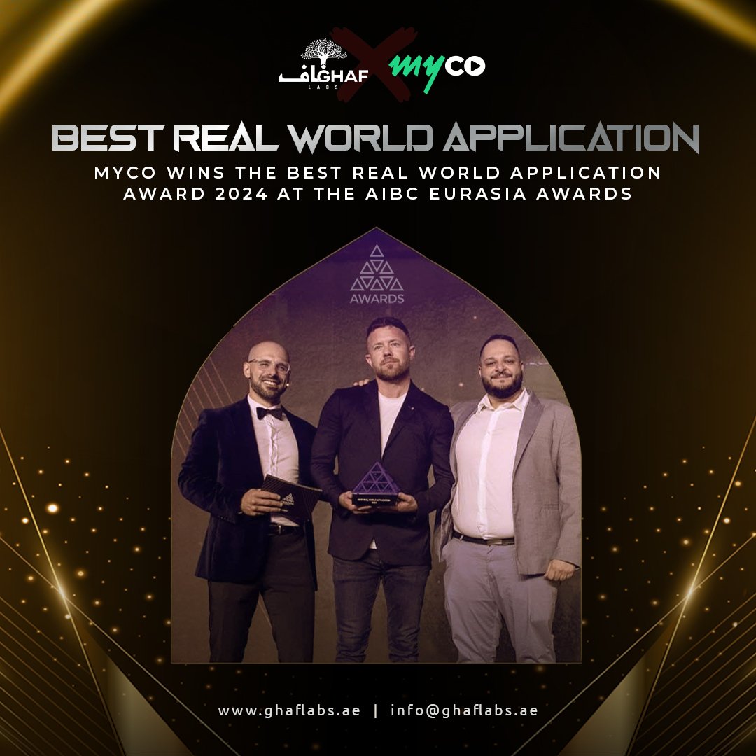 #GhafLabs is thrilled to celebrate @myco_io's remarkable achievement: winning the 'Best Real World Application' Award at the #AIBC Eurasia Awards! 🏆✨ This accolade underscores #Myco's innovative approach to integrating blockchain technology in practical, impactful ways.