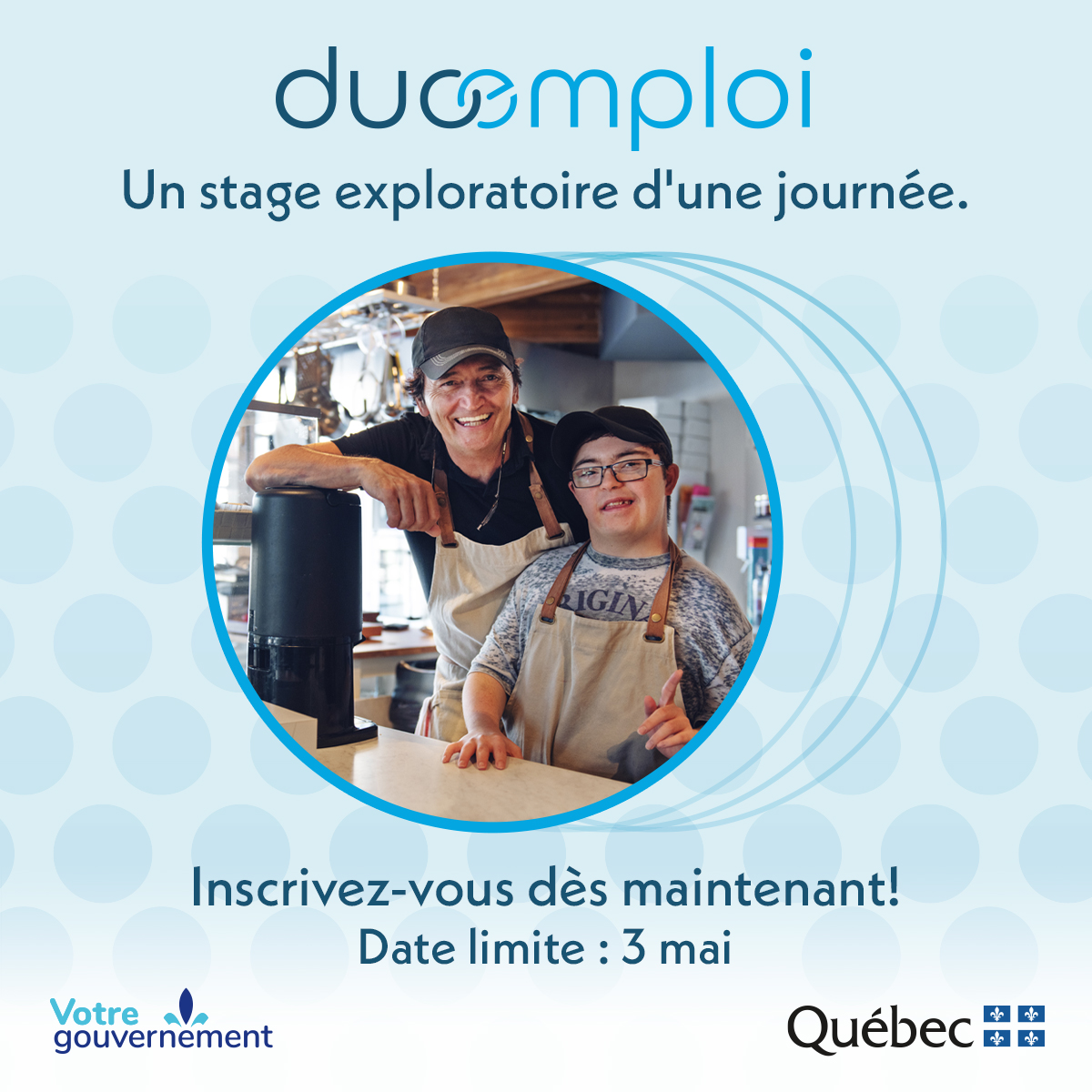 [ANNONCE] Les personnes vivant avec un handicap et les entreprises sont invitées à s’inscrire, d’ici le 3 mai, à DuoEmploi. Ouvrez-vous à de nouvelles possibilités! Communiqué : bit.ly/3vh3wia @CJKateri @GouvQc