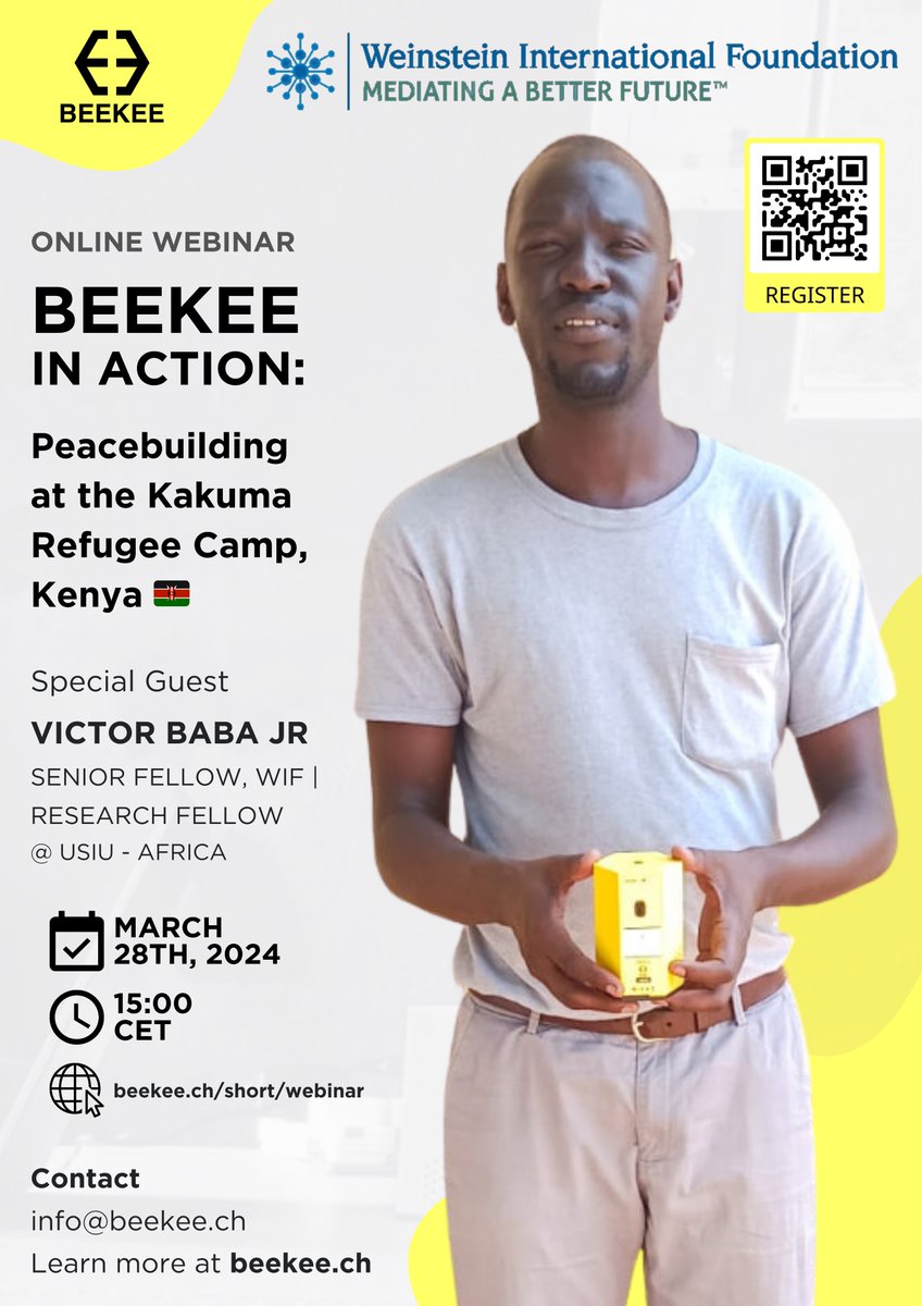 🌟 Beekee in Action: Peacebuilding at the Kakuma Refugee Camp, Kenya 🇰🇪

Join us for an insightful online webinar featuring guest speaker Victor Baba Jr., sharing his firsthand experience working with Beekee Box.
🗓️Date: March 28
⏰Time: 15:00 CET
Where: calendly.com/beekee/beekee-…
