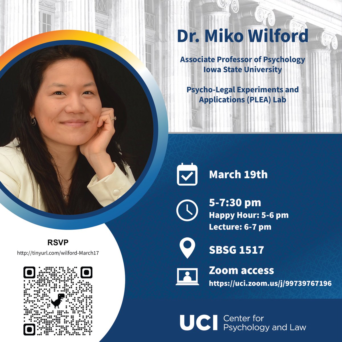 UCI Social Ecology (@social_ecology) on Twitter photo REMINDER: <a href="/UCIrvine/">UC Irvine</a> Center for Psychology and Law hosts <a href="/Miko_Wilford/">Miko M. Wilford</a> TODAY (March 19), 5-7:30 p.m. for a Zoom/in-person lecture at SBSG 1517. Learn more about the event with the <a href="/IowaStateU/">Iowa State University</a> psychology associate professor and #PLEASlab P.I.: tinyurl.com/Miko-Wilford REMINDER: <a href="/UCIrvine/">UC Irvine</a> Center for Psychology and Law hosts <a href="/Miko_Wilford/">Miko M. Wilford</a> TODAY (March 19), 5-7:30 p.m. for a Zoom/in-person lecture at SBSG 1517. Learn more about the event with the <a href="/IowaStateU/">Iowa State University</a> psychology associate professor and #PLEASlab P.I.: tinyurl.com/Miko-Wilford