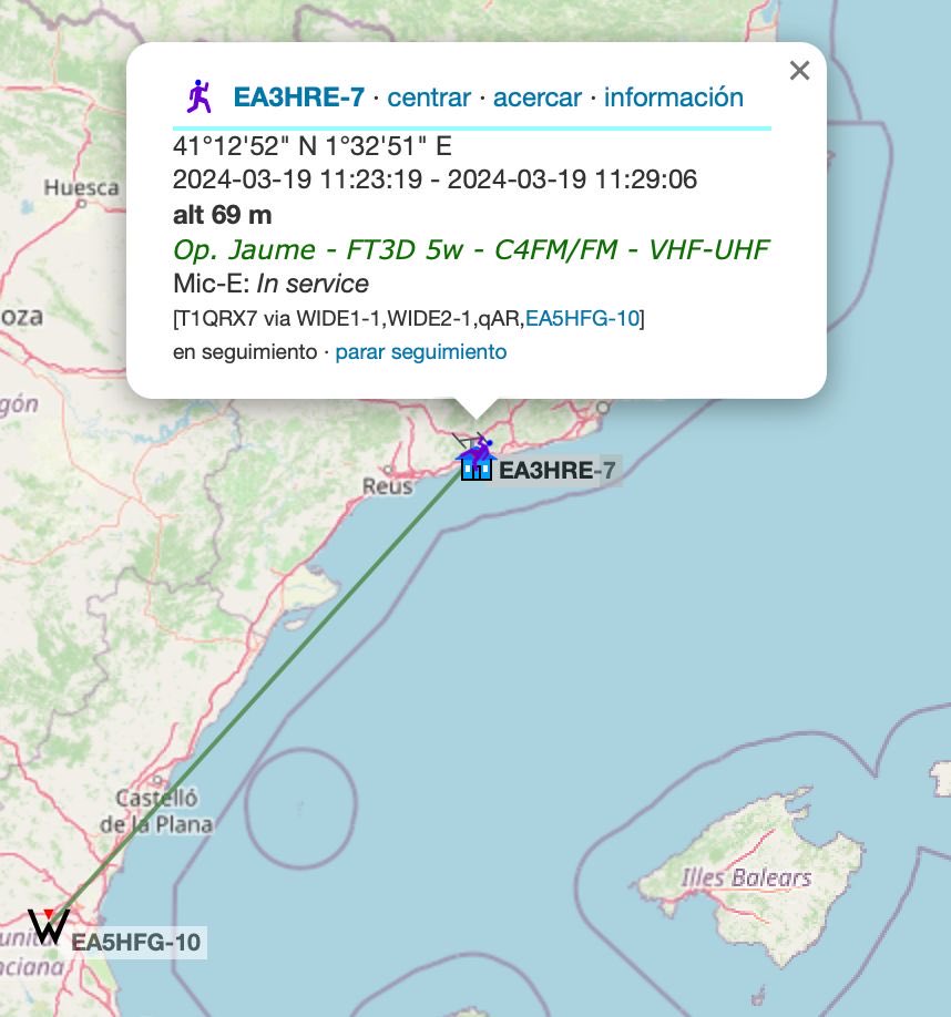 ea3hre's tweet photo. My FT3D operating APRS with good propagation.
Reciprocal Tx/Rx almost 270km from inside my QTH.
#hamradio #swl #amateurrardio #dxing #dx #propagation #APRS #Yaesu #FT3D https://t.co/mH3mEq15DH