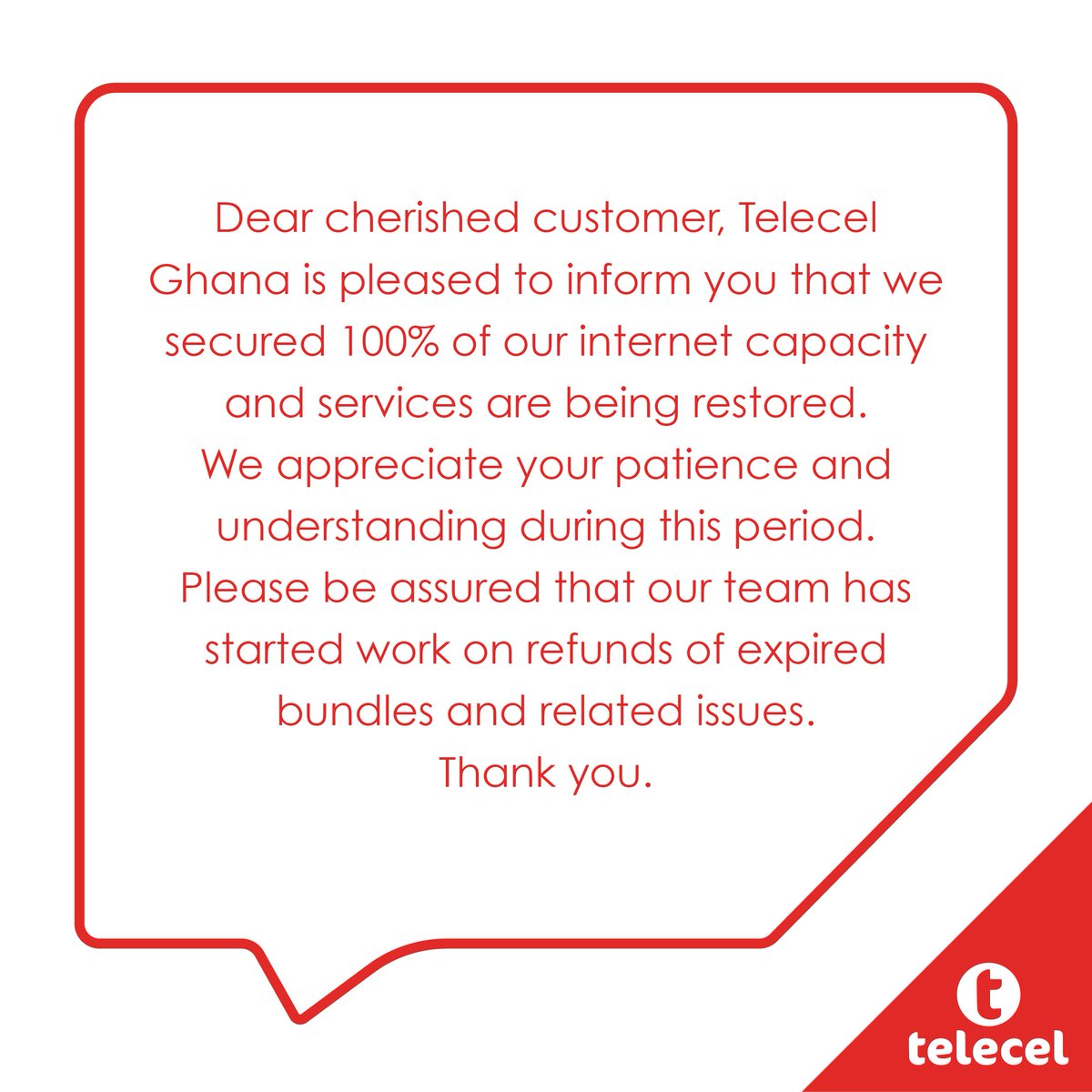 TelecelGhana's tweet photo. Dear customer, kindly be informed. Thank you for your patience. https://t.co/9MvbfXeB1b