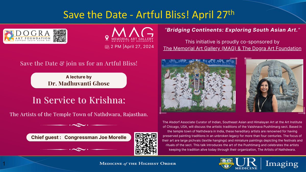 Save the Date! The Memorial Art Gallery & The Dogra Art Foundation will present 'Artful Bliss' on April 27th! The Dogra Foundation was established by our own faculty member Dr. Vikram Dogra. Speakers will include Dr. Madhuvanti Ghose and Congressman Joe Morelle. #Art @UR_Med