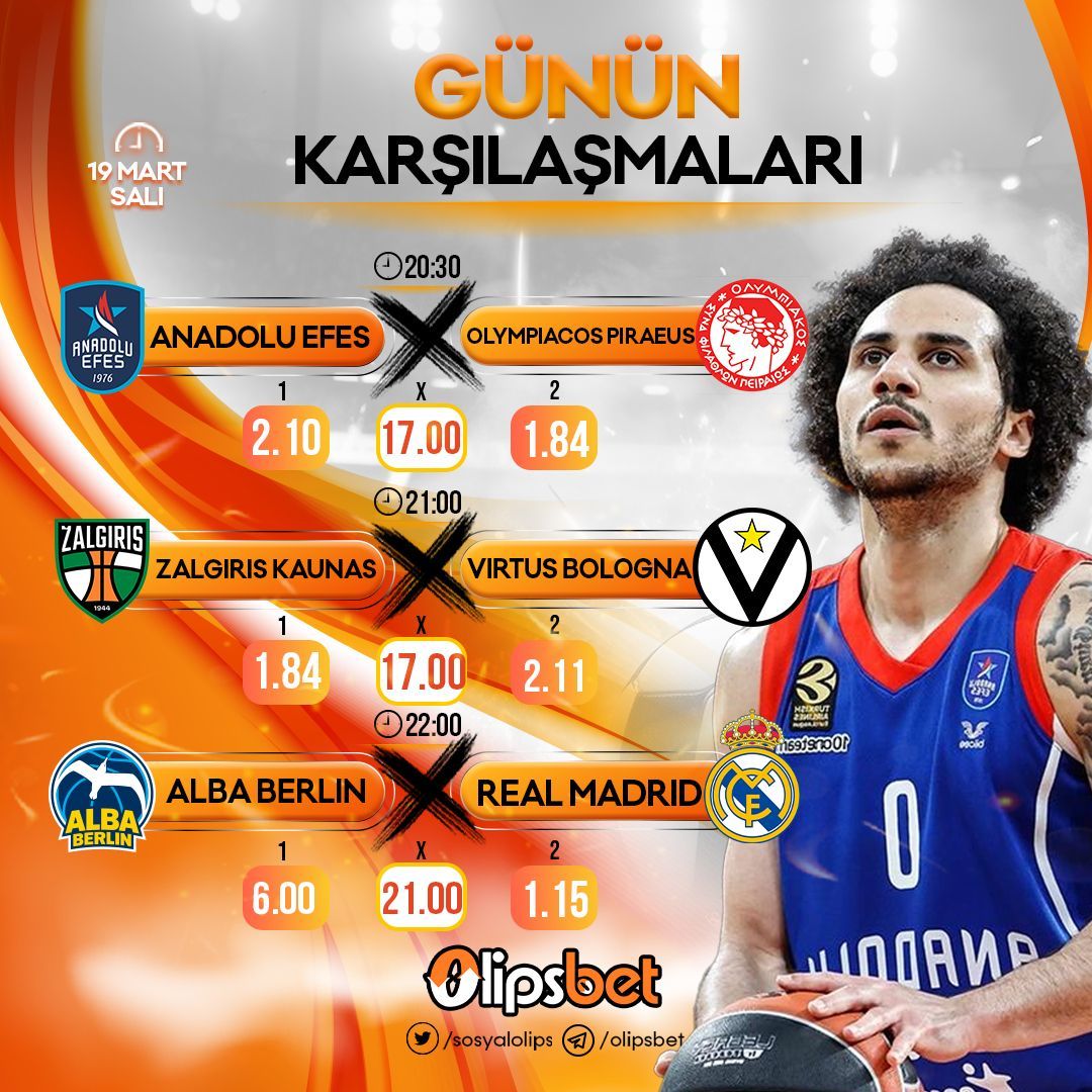 ⚽️ ⚽️ ⚽️ GÜNÜN MAÇLARI ❗️

💎 Her yatırıma freebet ❗️
💎  Şans çarkı sınırsız ödüller ❗️

✅ Olipsbet kazandırır❗️

20:30  A Efes v Olympiakos 

 21:00 Z Kaunas v Virtus Bologna  

22:00  ALBA Berlin v Real Madrid  

#olipsbet 

👉 buff.ly/3QtWNb9