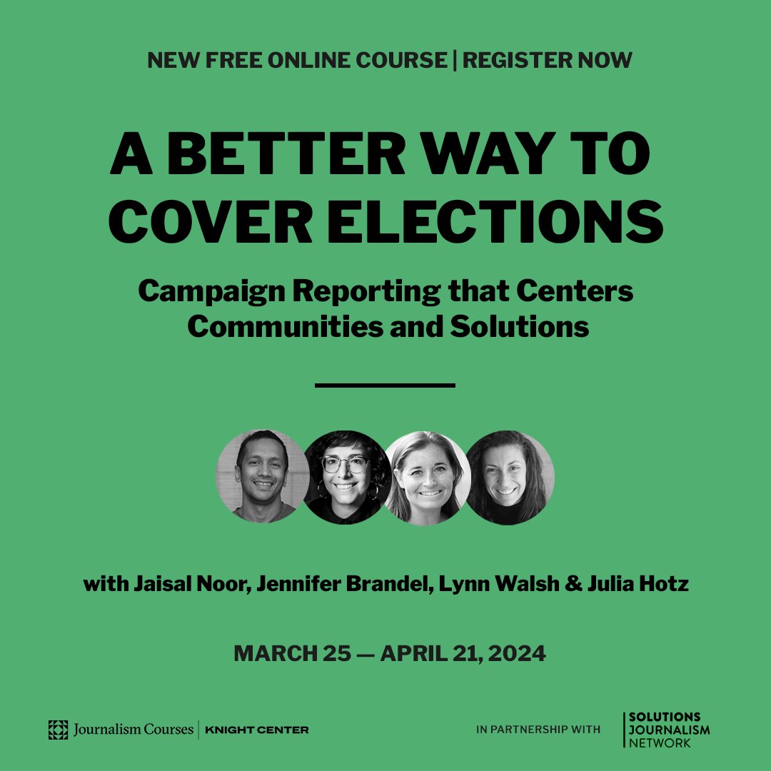 Knight Center for Journalism in the Americas (@knightcenterut) on Twitter photo ✅ Ready to transform your election reporting? Discover innovative strategies to engage communities and promote solutions-oriented coverage in the free online course, "A Better Way to Cover Elections." <a href="/soljourno/">Solutions Journalism Network</a>
Register today! 👉 bit.ly/3T3W0PK
#JournalismCourses ✅ Ready to transform your election reporting? Discover innovative strategies to engage communities and promote solutions-oriented coverage in the free online course, "A Better Way to Cover Elections." <a href="/soljourno/">Solutions Journalism Network</a>
Register today! 👉 bit.ly/3T3W0PK
#JournalismCourses