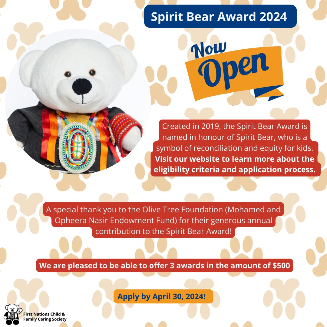 The Spirit Bear Award, named in honour of Spirit Bear who is a symbol of reconciliation and equity for kids, is open! This year, 3 awards of $500 will be given to groups of young people who are committed to reconciliation and the TRC Calls to Action ow.ly/5vyY50QOZGq