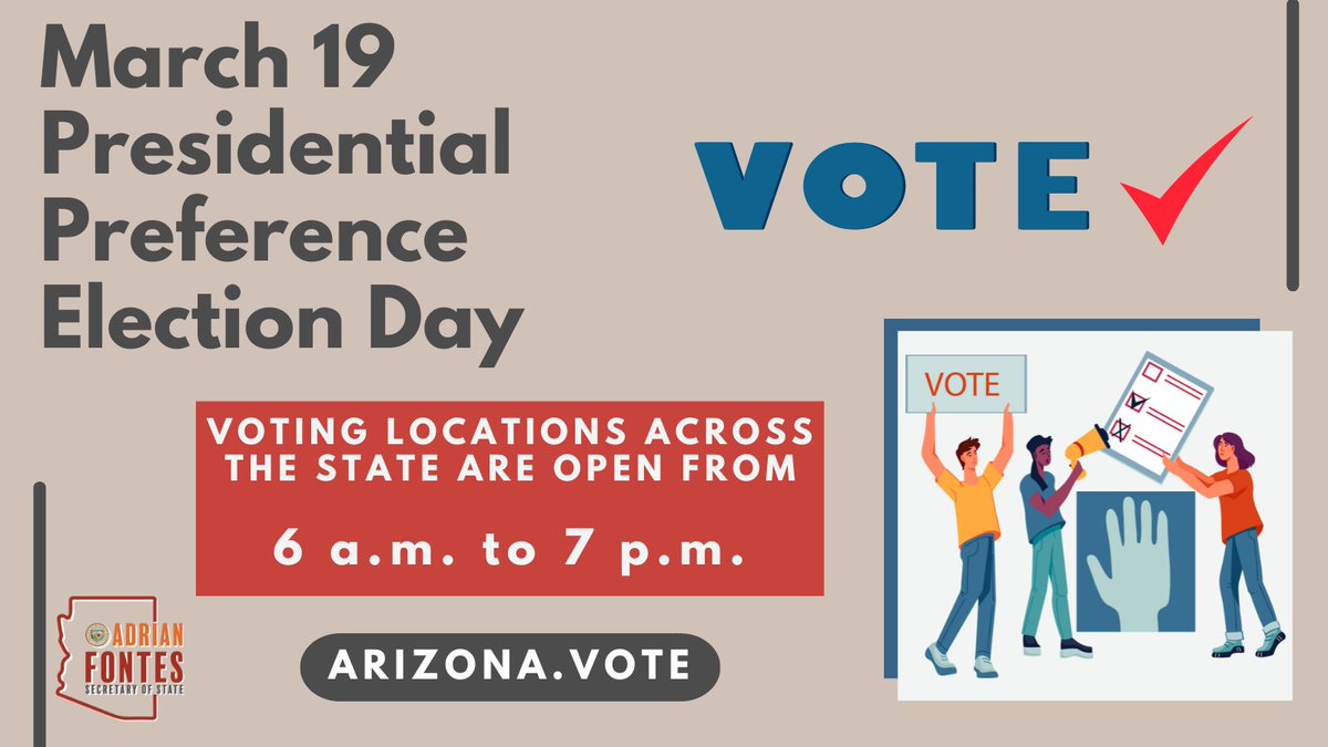 AZSecretary's tweet photo. Today is Election Day! Vote in-person or drop off your ballots at voting locations across the state, open from 6 a.m. to 7 p.m. To find your voting location visit https://t.co/Fvv7cx8ACZ #TrustedInfo2024 https://t.co/Rgnb65PQrE