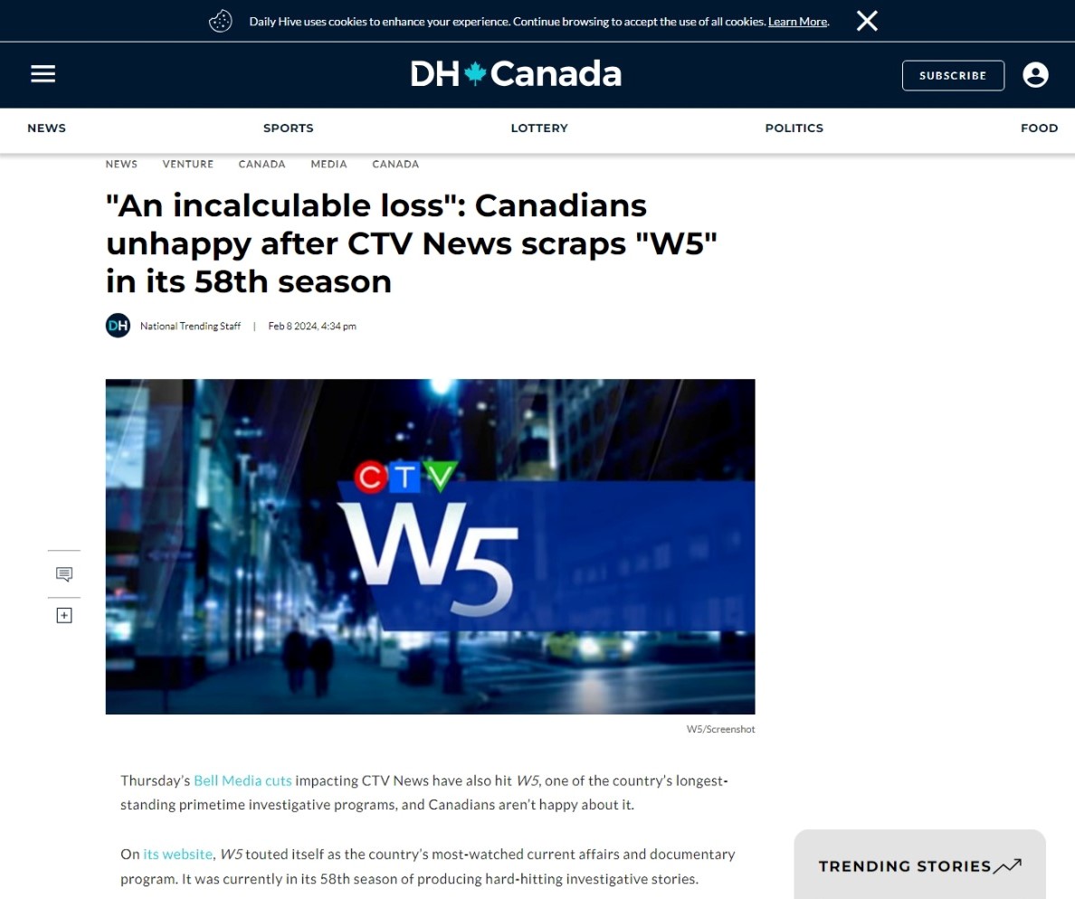 SarahWilliamsNB's tweet image. W5 axed... after 58 seasons. #W5 #Axed #CTVNews