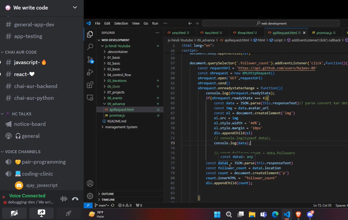 JAVIDSUMRA8's tweet image. 🚀 Excited to announce that I&apos;m now helping students in the &apos;We Write Code&apos; channel on Hitesh Sir&apos;s platform! 🖥️ Join us as we delve into the world of coding and unleash our programming potential together. Let&apos;s write our way to success! 💻 @Hiteshdotcom #WeWriteCode