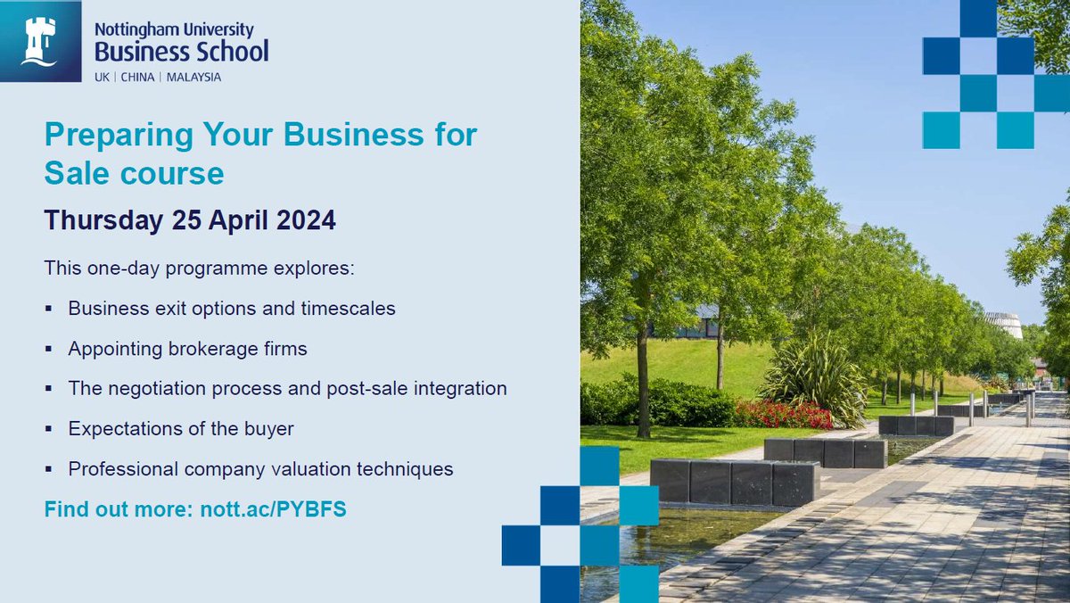 For business owners, how and when to sell their venture is one of life's biggest decisions. Our Preparing Your Business for Sale course is your chance to learn about best practices so you can achieve the most favourable outcome. Find out more at: nott.ac/PYBFS