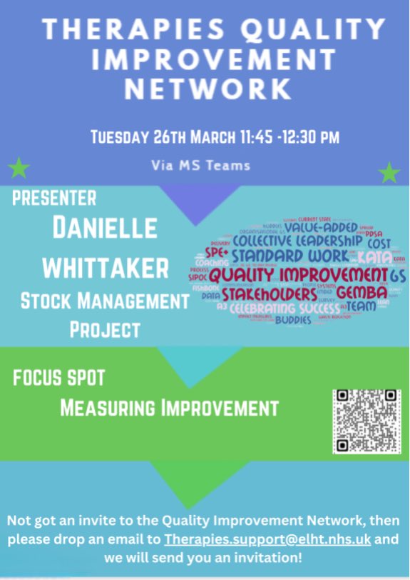 One week to go until the Therapies QI Network! This month’s presenter is Danielle Whittaker presenting Stock Management Project and the focus spot will be: Measuring Improvement. We look forward to seeing you there! Please come along, you may learn something new! 😊