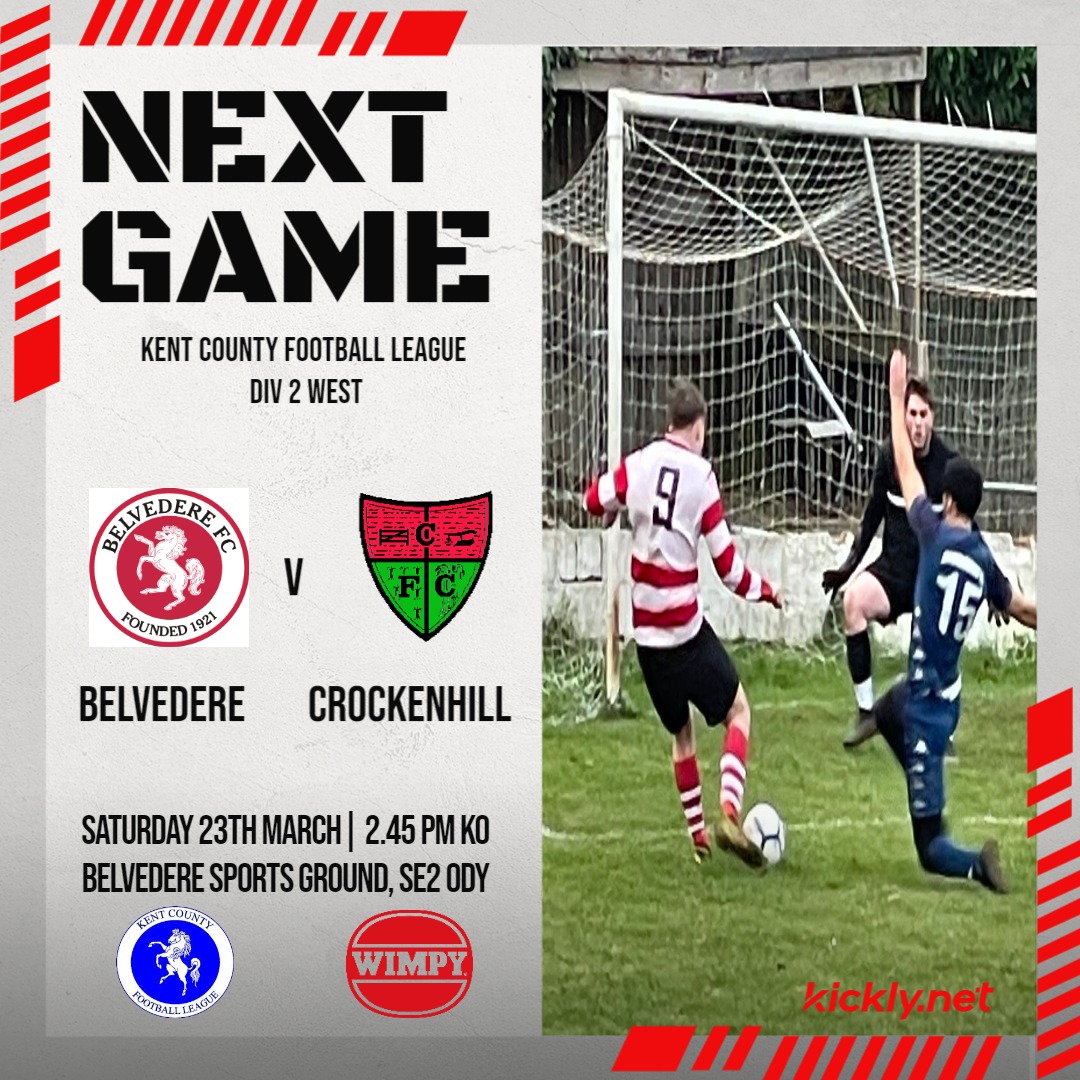 Next up is a massive game, against Belvedere, a previous manager & previous Crockenhill players. This is a relegation battle so need you to come along & support the guys 🐊