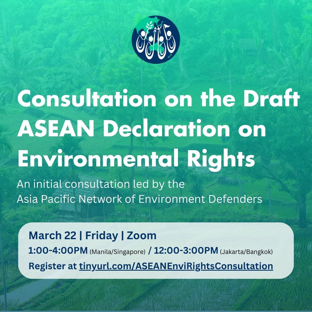 Did you know that there is an ongoing process of developing an ASEAN Declaration on Environmental Rights? 🌏Learn more about it and share your thoughts in an online consultation on March 22, 1:00-4:00PM Manila/Singapore time!

❇️ REGISTER here: tinyurl.com/ASEANEnviRight…