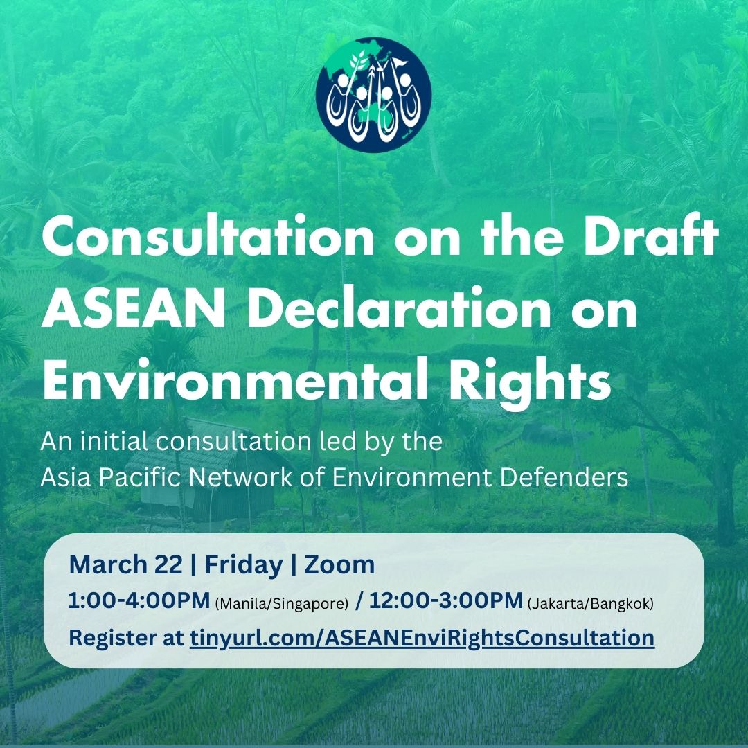 Did you know that there is an ongoing process of developing an ASEAN Declaration on Environmental Rights? 🌏Learn more about it and share your thoughts in an online consultation on March 22, 1:00-4:00PM Manila/Singapore time! ❇️ REGISTER here: tinyurl.com/ASEANEnviRight…