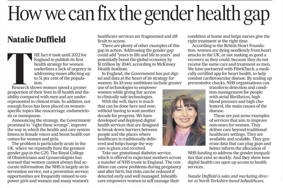 Our Sales and Marketing Director Natalie Duffield features in the @yorkshirepost raising awareness of the gender health gap. Let's these conversations going until the health needs of women & girls are better met #genderhealthgap