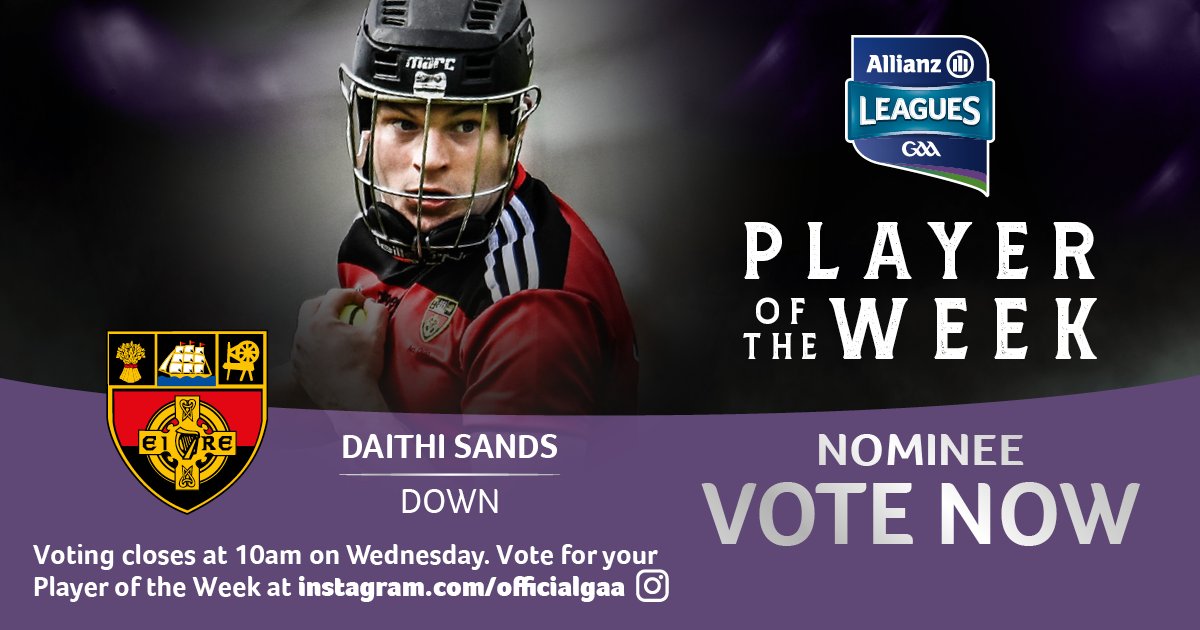 officialgaa's tweet photo. The in-form Daithi Sands was superb again for the @officialdowngaa  hurlers at the weekend. He scored 3-3 from play in an #AllianzLeagues victory over Meath that secured a place in the Division 2A semi-final for the Mourne men. Is he your Player of the Week? Vote now via our Instagram stories!
