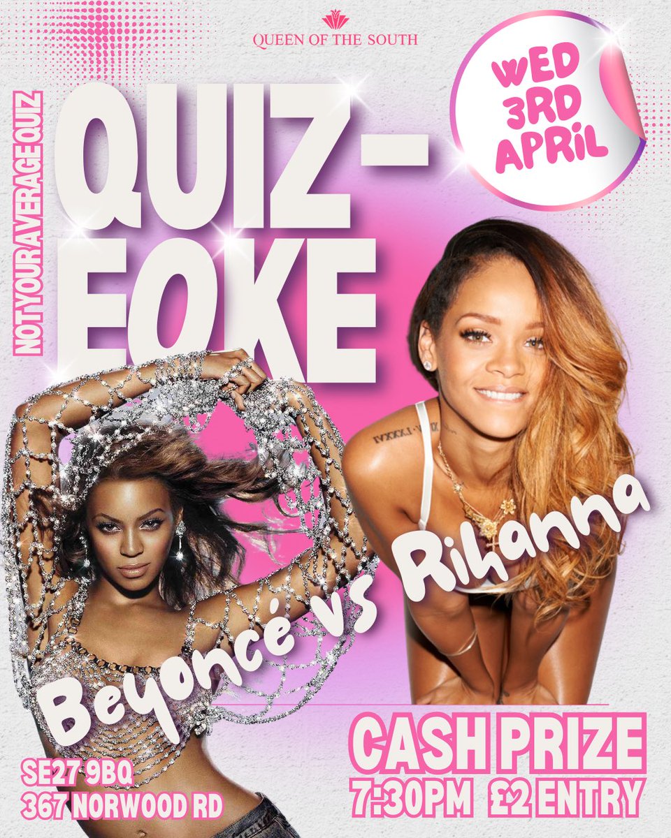 Are you part of the #BeyHive or a member of #RihannaNavy? Put your knowledge to the test Wednesday 3rd of April for our monthly #Quizeoke, where quizzing and karaoke become one. Can your team come out top of the charts? 🎙️💓🏆💋 #QueenOfTheSouthPub #PubQuiz #Beyoncé #Rihanna