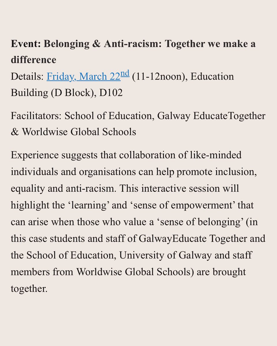 Event: Belonging &amp; Anti-racism: Together we make a difference
Details: Friday, March 22nd (11-12noon), Education Building (D Block), D102