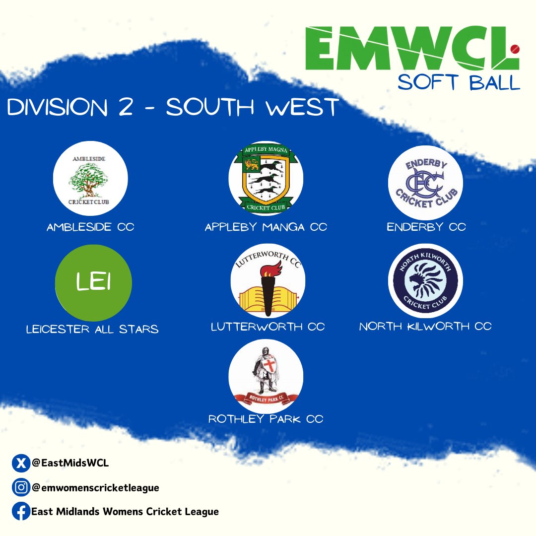 Countdown to the Season... Our countdown to the 2024 season is on and first we take a look at our Softball Divisions! Div 2 - South West Ambleside CC @AppMagnaCC @EnderbyCC Leicester All Stars @Lutterworth_CC @CcKilworth @RothleyParkCC