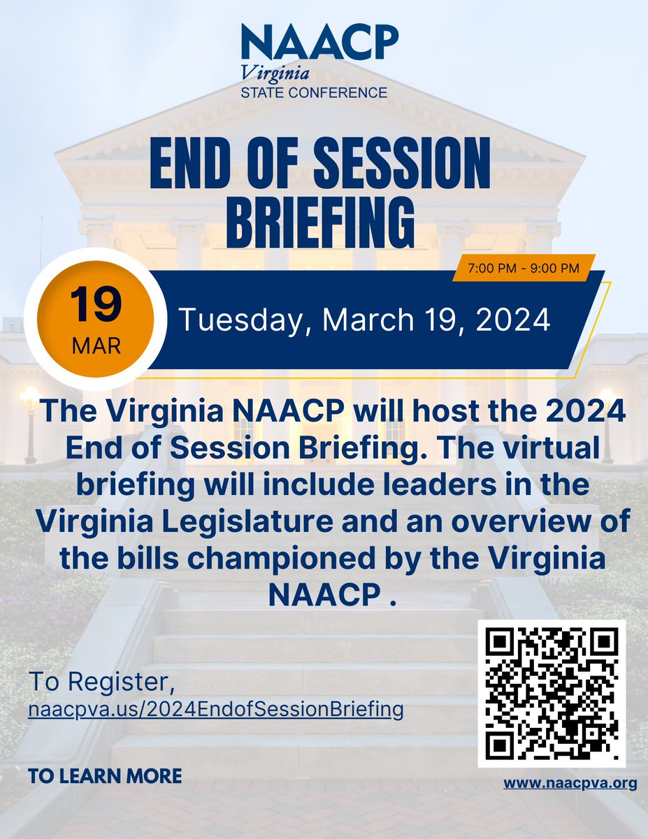 Join @NAACPVirginia for the 2024 End of Session Briefing. The virtual briefing will include leaders in the Virginia Legislature and an overview of the bills championed by the Virginia NAACP. To register: naacpva.us/EndOfSessionLe…