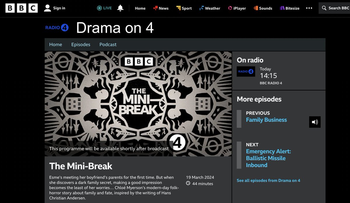 IN ONE HOUR! Just after the Archers on <a href="/BBCRadio4/">BBC Radio 4</a>, a slippery supernatural thriller about meeting-the-parents. I wrote the words, but it was <a href="/AnneIsGrr/">Anne Isger</a> and the incredible cast (#MaireadTyers <a href="/actingjosh/">Josh Bryant-Jones</a> <a href="/NickWoodeson/">Nicholas Woodeson</a> <a href="/JaneSlavin/">Jane Slavin</a> <a href="/KittyOSullivan_/">Kitty O'Sullivan</a> <a href="/davidmenkin/">David Menkin</a>) who made it great.