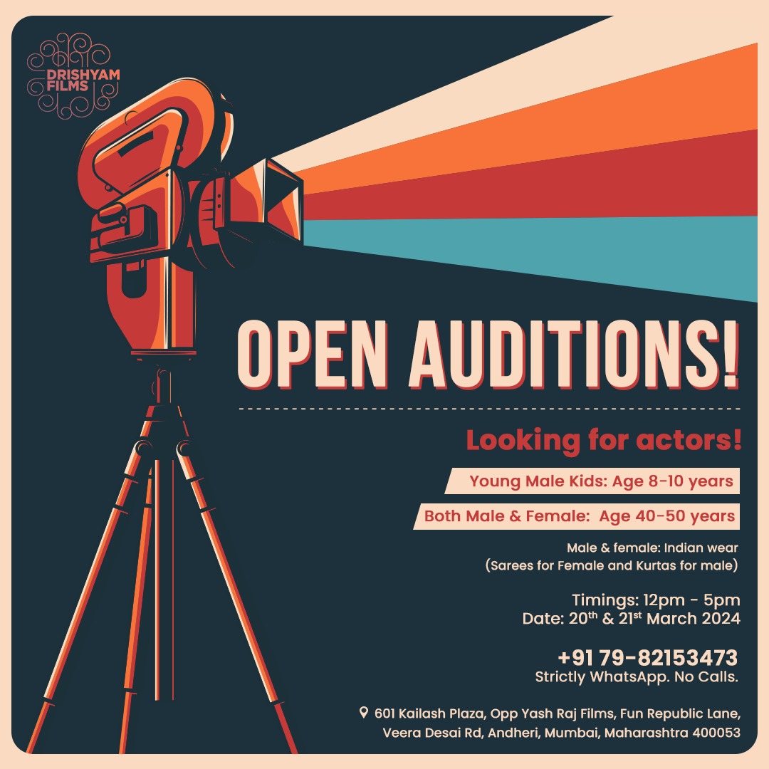 Drishyam Films is currently looking for young boys aged 8-10 and male & female actors aged 40-50. Auditions on March 20th & 21st, 2024. Don't miss out!

#Auditions #OpenAuditions #CastingCall #Actors #Male #Female #Kids #Acting