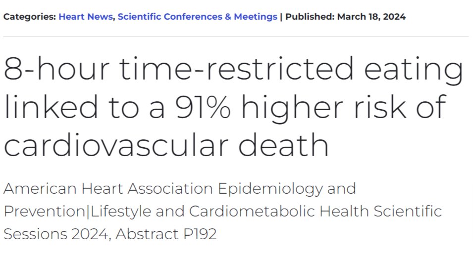 zoeharcombe's tweet image. This makes little sense.
Eating 12-16 hours a day better than eating within an 8 hr window?
Reverse causation? Shift work? Sponsored by fake food?
Average age of 48.5, followed for an average of 8 years and 14% of the 20k died! Were they in a labour camp or something?!
HT…