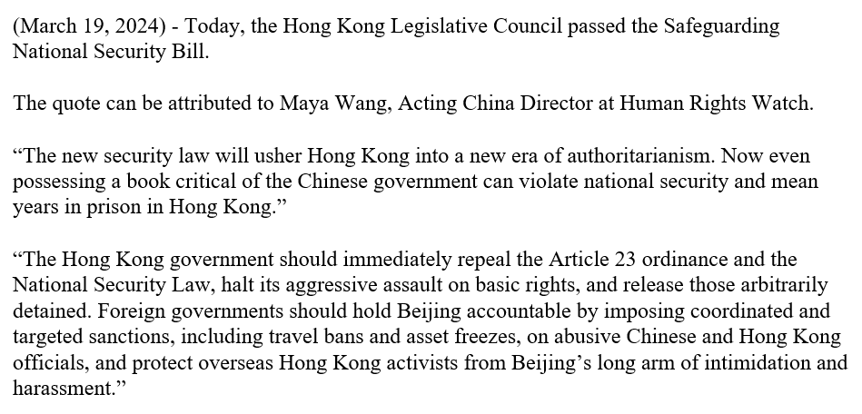 Journalist friends, here's @hrw's statement on the passage of Article 23 security law in Hong Kong. Full statement forthcoming: