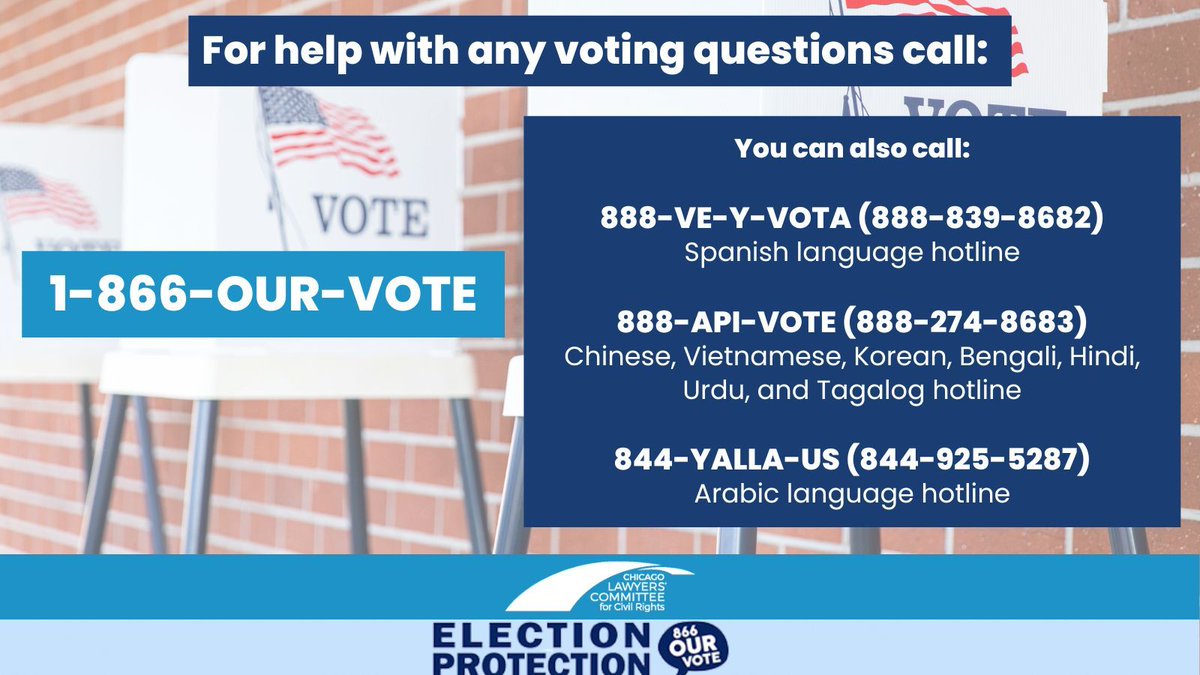 It's Election Day! Need voting assistance? Don't hesitate to call or text 866-OUR-VOTE (866-687-8683). Our trained, non-partisan #ElectionProtection volunteers are standing by, ready to help!