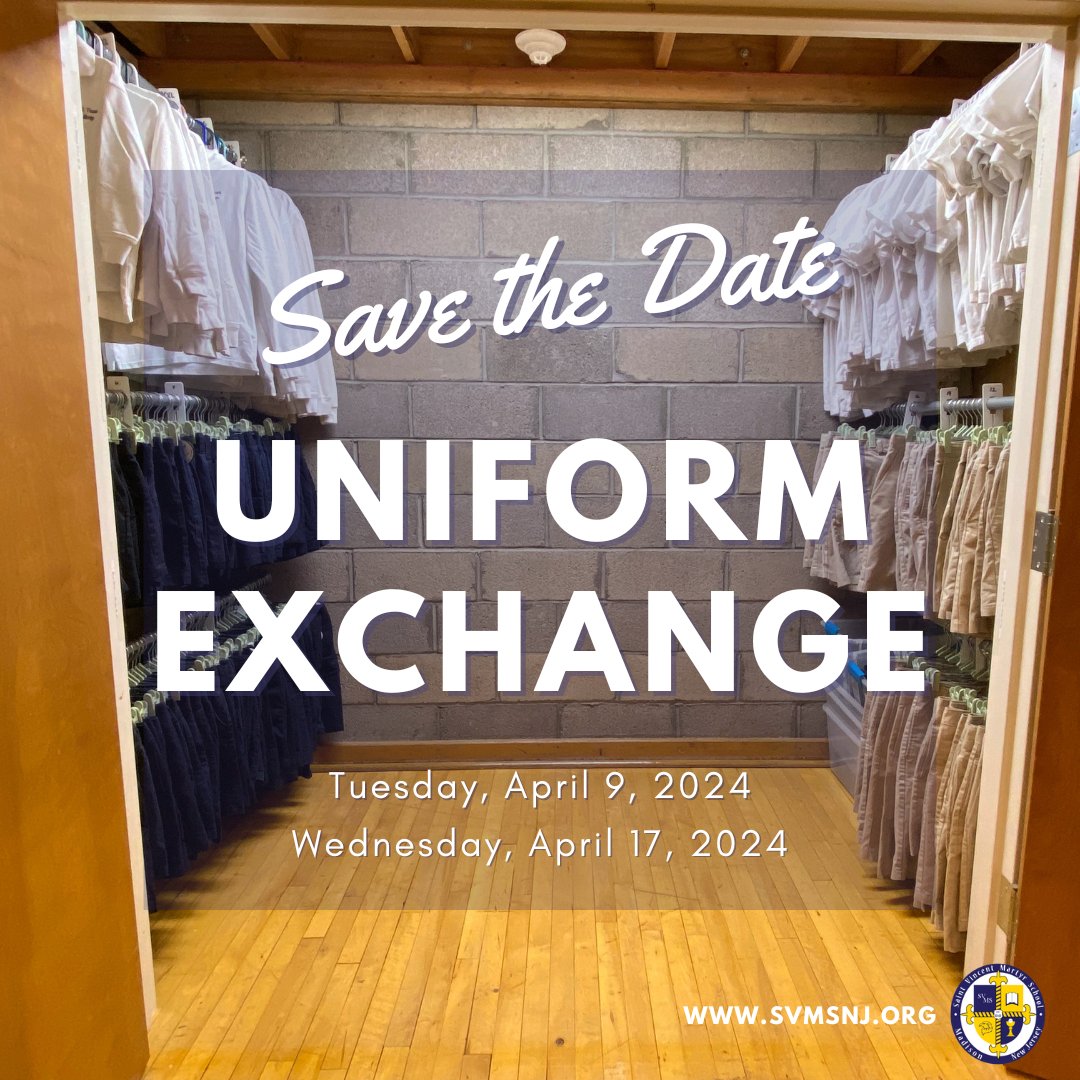 svmsnj's tweet photo. Gently used/outgrown uniforms may be left in bags at the front doors or brought to the Exchange. We particularly need middle-school sweatpants/sweatshirts, girls' skirts, and spirit-wear t-shirts. See you there! #svmsnj #letyourlightshineatsvmsnj #UniformExchange https://t.co/yGusnKdi0S
