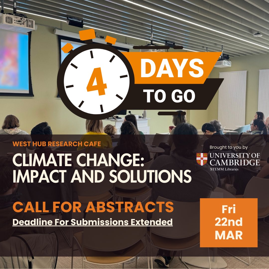 Submit your abstract by 22nd March 2024 23:59! Last opportunity. The event take place on the 24th April at 11:30am! Talks, posters, lunch and lots of networking opportunities. Join us! westcambridgehub.uk/research-cafe