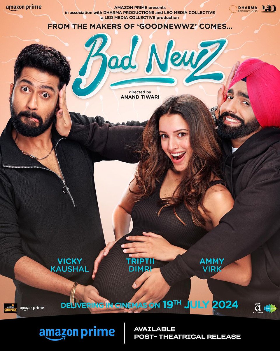 The poster screams chaos! And you bet I am so seated for this comedy of errors 🥹🩷💜

#VickyKaushal #TriptiiDimri #AmmyVirk #BadNewz #PrimeVideoPresents
