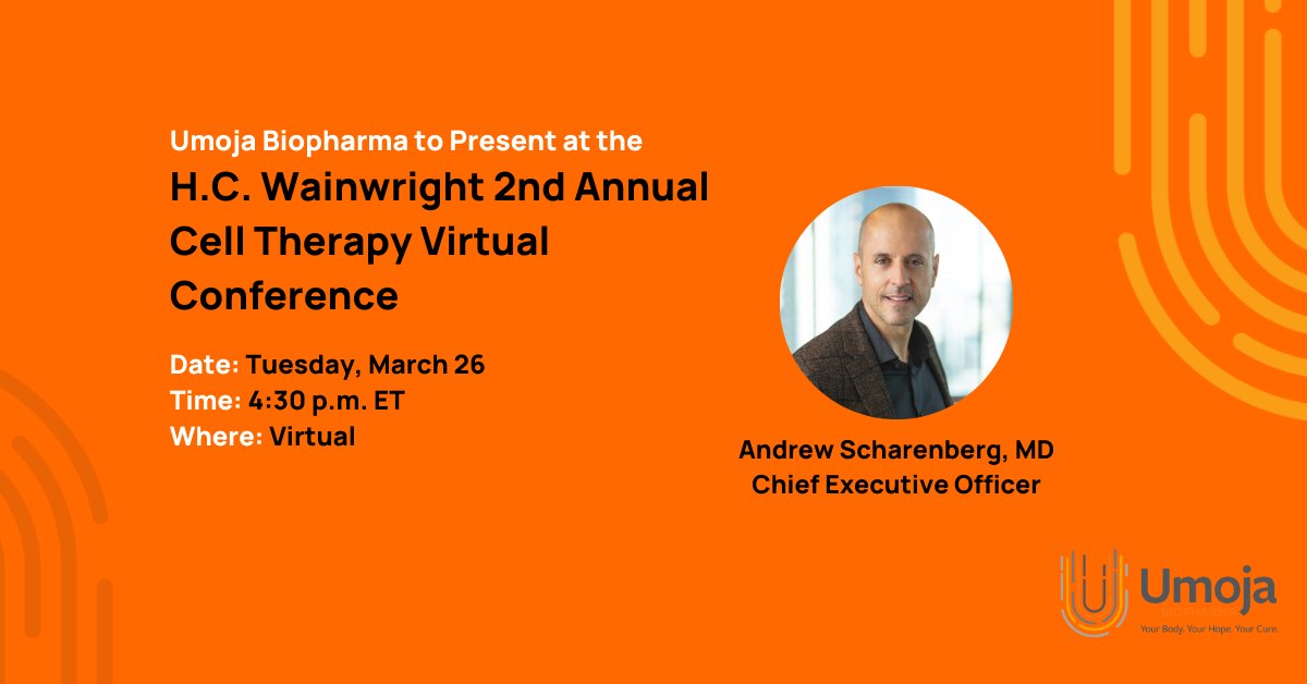 Umoja Biopharma (@umojabiopharma) on Twitter photo Our CEO, <a href="/andyscharenberg/">Andrew Scharenberg</a>, will present a corporate overview at <a href="/HCWCO/">H.C. Wainwright & Co.</a>’s 2nd Annual Cell Therapy Virtual Conference on March 26. Members of our leadership team will also be available for one-on-one meetings during the conference. Find more details here: umoja-biopharma.com/news/umoja-bio… Our CEO, <a href="/andyscharenberg/">Andrew Scharenberg</a>, will present a corporate overview at <a href="/HCWCO/">H.C. Wainwright & Co.</a>’s 2nd Annual Cell Therapy Virtual Conference on March 26. Members of our leadership team will also be available for one-on-one meetings during the conference. Find more details here: umoja-biopharma.com/news/umoja-bio…